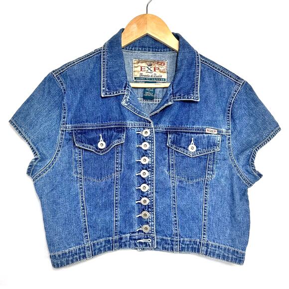 VTG Express Denim Large Cropped Buttoned Top Pockets Retro Western Y2K‎ Bratty - Picture 1 of 10